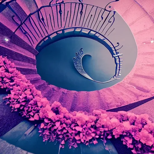 Prompt: a spiral stairway of flowing ethereal water from sky, stairway beautified with flowers, realistic, dusk, starry sky, hd, fantasy, 4 k