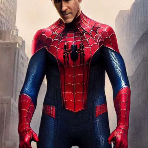 Image similar to ryan reynolds as spider - man, wearing a black and blue suit, cinematic, volumetric lighting, f 8 aperture, cinematic eastman 5 3 8 4 film, photorealistic by greg rutkowski, by stanley artgerm, by alphonse mucha