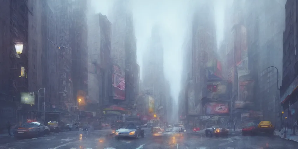 Image similar to a street at new york city, foggy evening, matte painting, studio ghibli, artstation