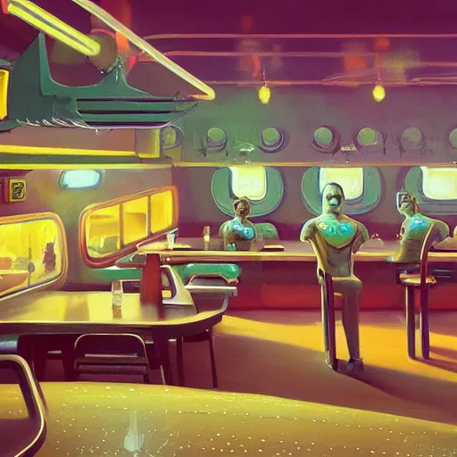 Image similar to beautiful painting of a dirty space diner in the style of Simon Stålenhag and H. R. Giger, detailed, trending on Artstation