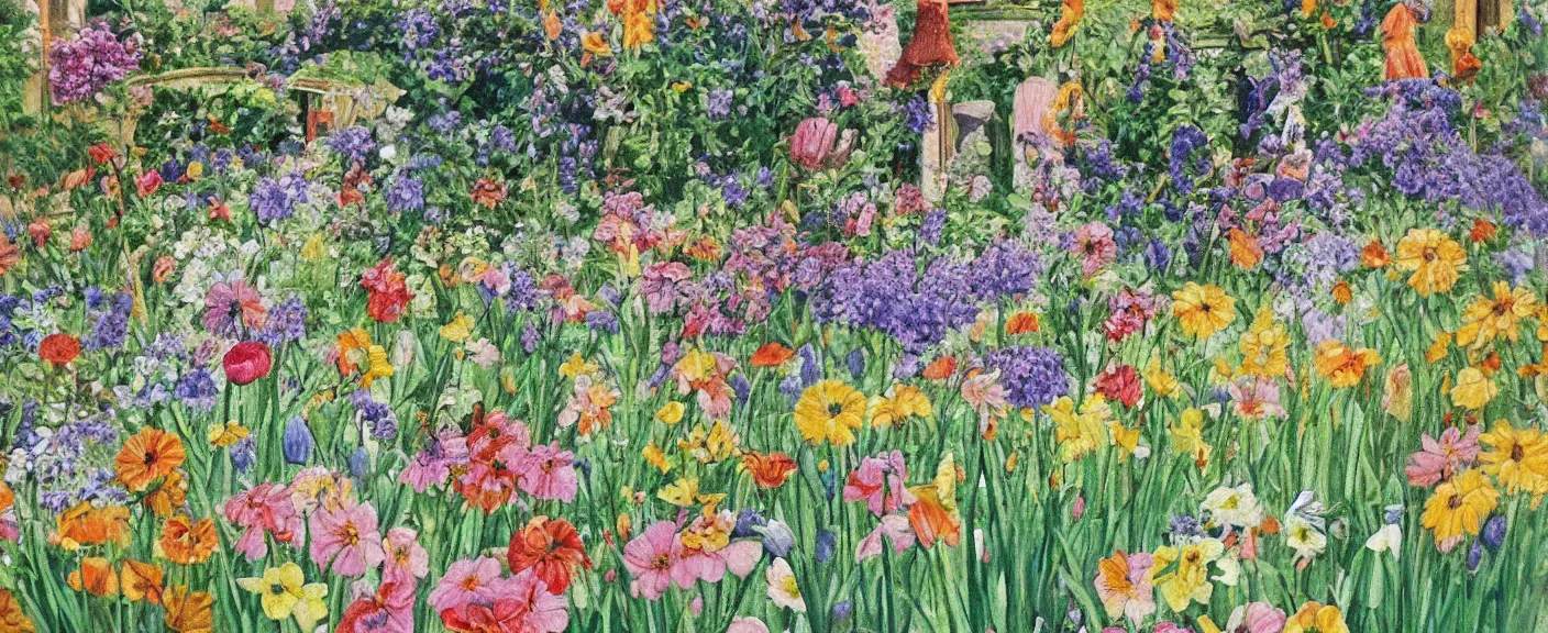 Image similar to painting by christiane kubrick of a whimsical spring garden filled with sunlight ultra detailed