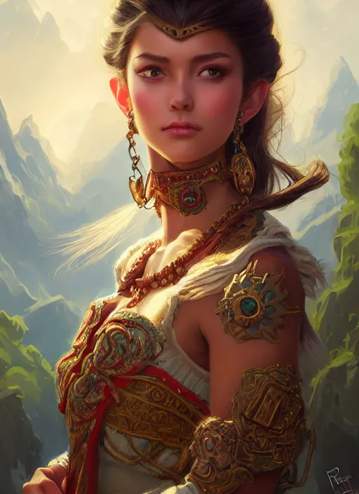 Image similar to portrait of russian mexican asian girl jodhpurs hyperborea lemuria, deep focus, d & d, fantasy, intricate, elegant, highly detailed, digital painting, artstation, concept art, matte, sharp focus, illustration, hearthstone, art by rhads by artgerm and greg rutkowski and alphonse mucha