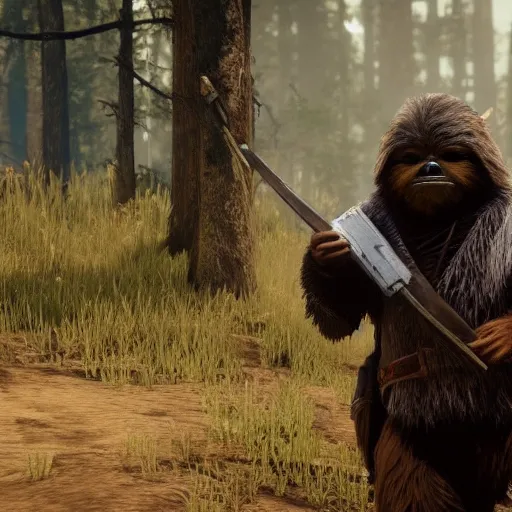 Prompt: Film still off an ewok in Red Dead Redemption 2 (2018 video game)