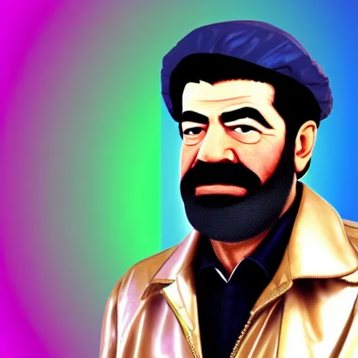 Image similar to professional portrait of saddam hussein wearing a pink puffy jacket and a bucket hat, rainbow background, 8 k, very detailed, very intricate,