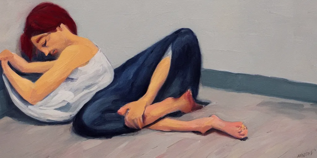 Image similar to painting of sad woman, alone, lying on the floor of a bathroom