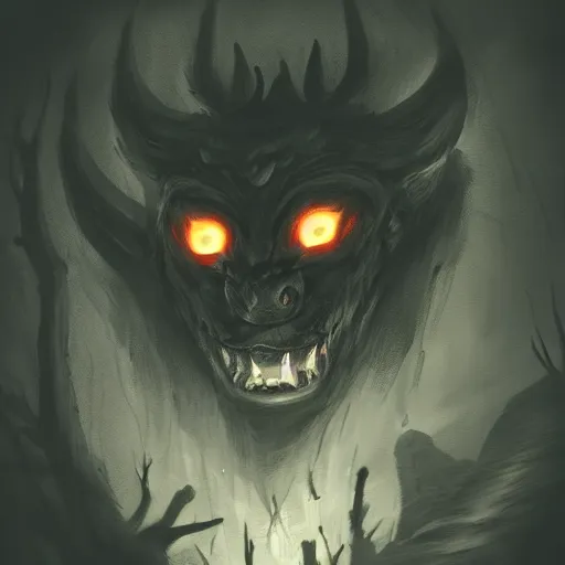 Prompt: A scary beast in darkness with glowing eyes sensing your presence, trending on artstation, moody, atmospheric, digital art