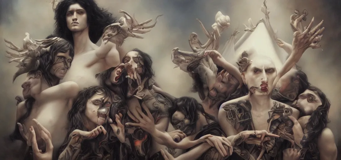 Prompt: Bring Me The Horizon band by Tom Bagshaw and Manuel Sanjulian and Boris Vallejo, Hyperrealism