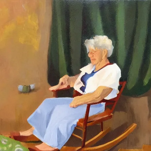 Image similar to painting in the zandinsky style of a grandmother sitting in a rocking chair, surrounded by her grandchildren, while she tells them a story