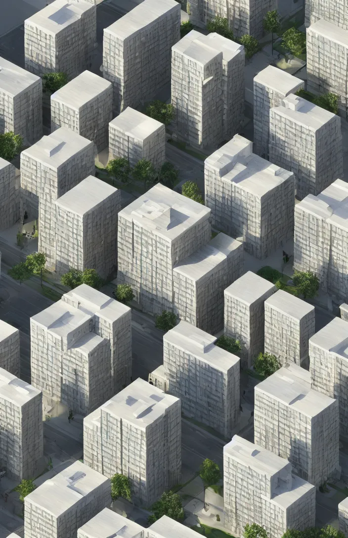 Image similar to isometric view, architectural model, 3 d render, studio lighting, low contrast, tall buildings, social housing for 1 0 0 0 household, frank gehry architecture, high tech, post - modernism