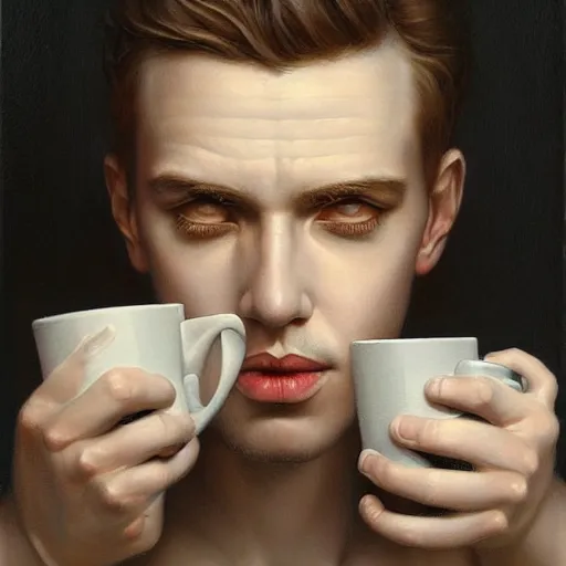 Prompt: by tom bagshaw, ultra realist soft painting of a daily clothed man drinking his coffee, nuclear bomb explosion, partial symmetry accurate features, very intricate details, focus, curvy, award winning, ultra dense fog