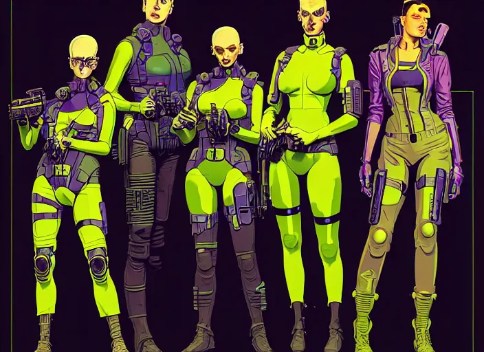 Prompt: cyberpunk hazmat tactical squad. portrait by stonehouse and mœbius and will eisner and gil elvgren and pixar. character design. realistic proportions. cyberpunk 2 0 7 7 character art, blade runner 2 0 4 9 concept art. cel shading. attractive face. thick lines. the team. diverse characters. artstationhq.