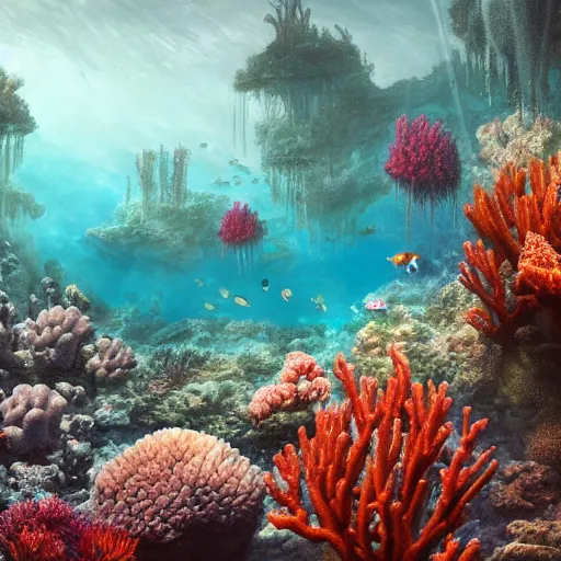 Prompt: a painting of a underwater scene with corals and plants, a detailed matte painting by Kim Keever, cg society contest winner, fantasy art, rendered in unreal engine, unreal engine, cryengine