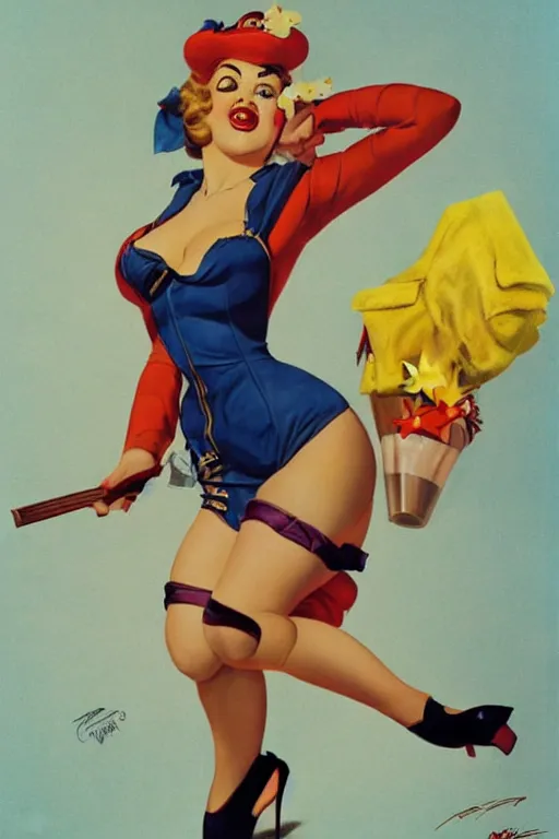 Prompt: pin-up poster of Wario by Gil Elvgren