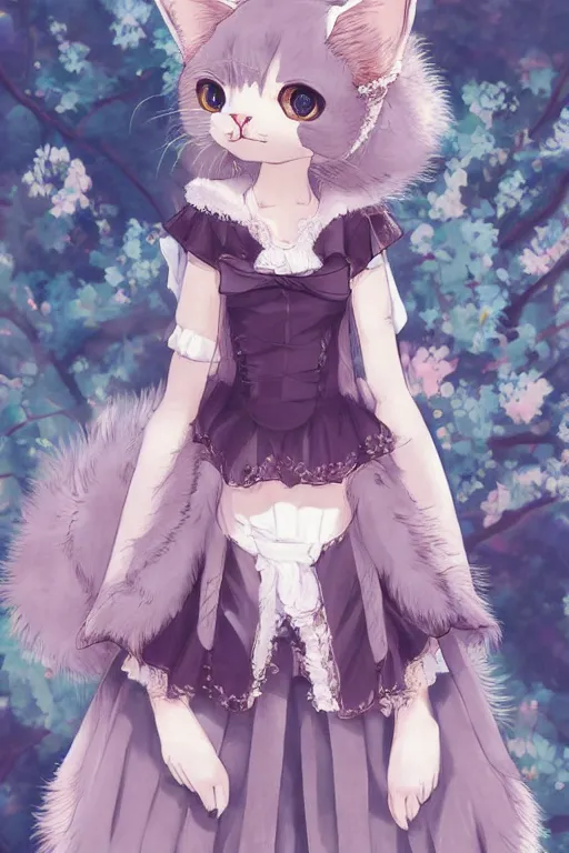 Prompt: cat wearing sweet lolita clothing, fursona, anthro, delicate, elegant, pure, detailed fur, detailed, digital painting, clothing, makoto shinkai