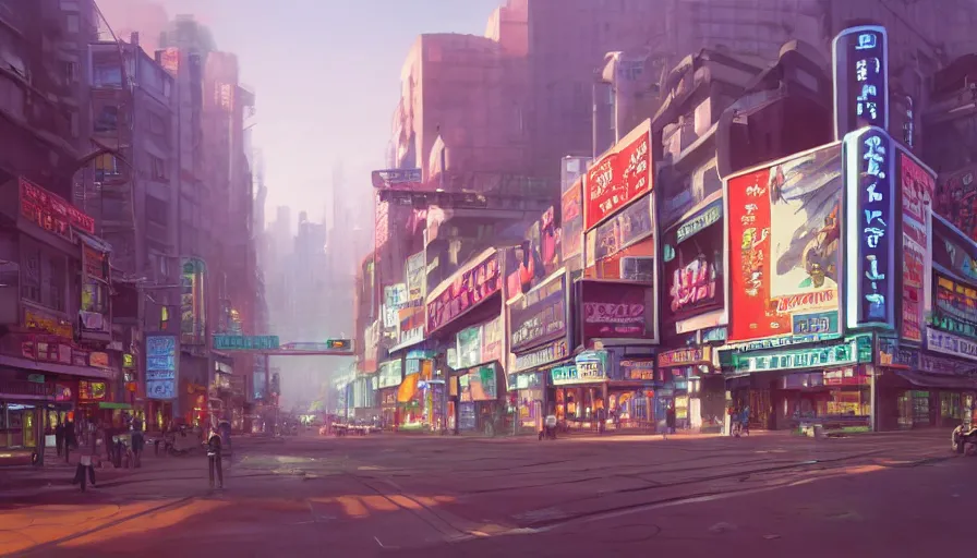 Image similar to A highly detailed matte painting of Buildings with Billboards and neonsigns by Studio Ghibli, Makoto Shinkai, by Artgerm, by WLOP, by Greg Rutkowski, volumetric lighting, octane render, 4K resolution, trending on artstation, masterpiece