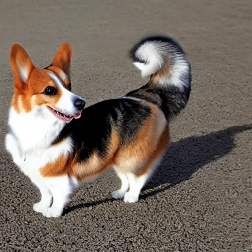 Prompt: realistic photo of corgi with saddle, cat on top of it