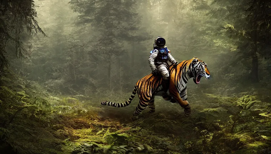 Image similar to american astronaut in the forest riding a bengal tiger, plants environment, wide angle, cinematic lighting, atmospheric, ultrarealistic, trending on artstation, cgsociety, highly detailed, color graded, in the style of craig mullins, rendered in Unreal Engine 4k HQ, shadow of the tomb rider