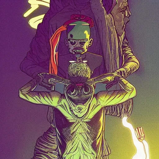 Image similar to a powerful psychic man emitting psychic energy, psychic powers, powers, artgerm, jamie hewlett, james jean, moebius, geof darrow, detailed, highly detailed, aesthetic!!, fantasy vibe,