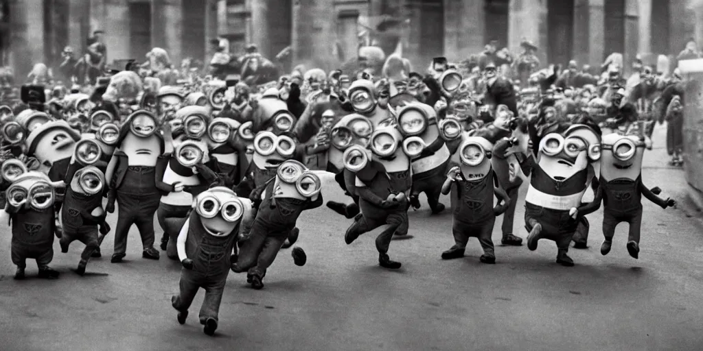 Prompt: minions from despicable me winning world war 2 and parading through berlin, hyper realistic, award winning photo, award winning, sharp focus, black and white