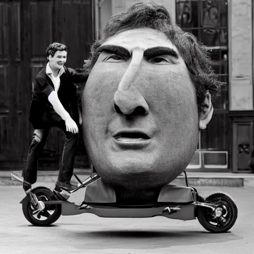 Image similar to Giant head of david copperfield with four wheels