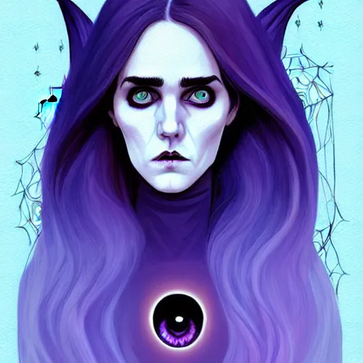 Prompt: I'm the style of Phil Noto, beautiful witch spooky female, Jennifer Connelly, blue and purple glowing hair, perfect eyes perfect symmetrical eyes, symmetrical face, dark forest background, painterly style