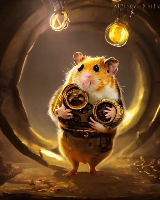 Prompt: oil painting of anthropomorphized hamster holding shiny gem, steampunk clothes, close shot, full body, dark steampunk mine shaft background, sharp focus, fantasy style, octane render, volumetric lighting, 8k high definition, by greg rutkowski, highly detailed, trending on art Station, dungeons and dragons artwork, centered