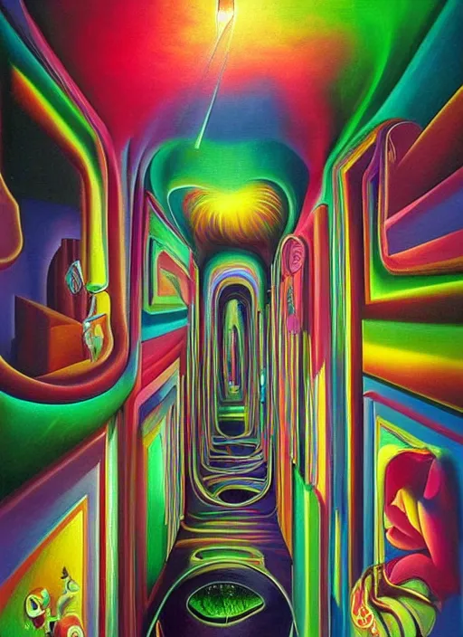 Image similar to an extremely high quality hd surrealism painting of a 3d slow-shutter galactic neon complimentary colored cartoon surrealism melting optical illusion hallway by kandsky and salviadoor dali the seventh, salvador dali's much much much much more talented painter cousin, 4k, ultra realistic, super realistic, so realistic that it changes your life