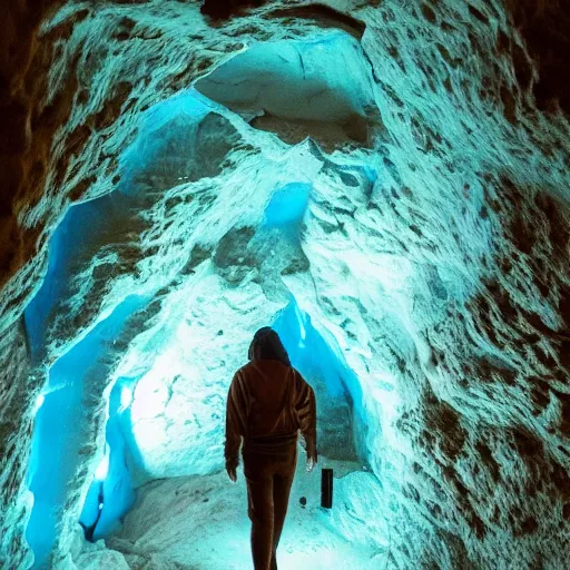 Prompt: a hyper realistic cave with bright blue fungus growing on the walls, radioactive water glows dimly on the ground, hyper detailed, beautiful lighting