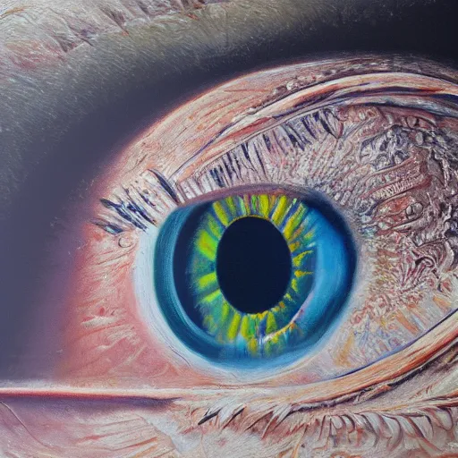 Image similar to a highly detailed photorealistic painting of a human eye reflecting outer space