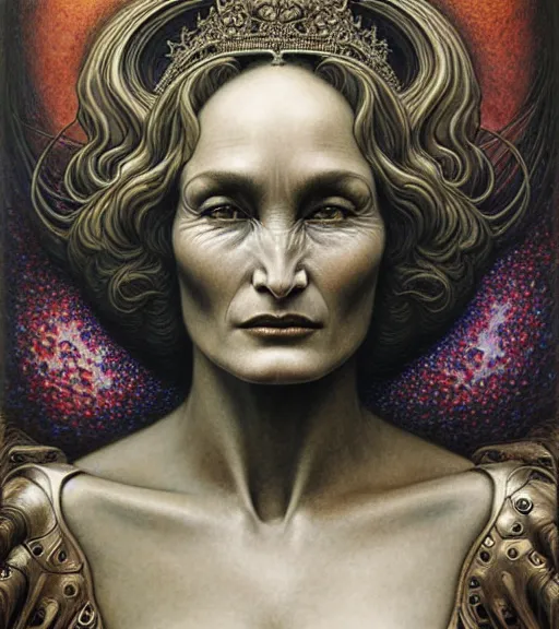 Prompt: detailed realistic beautiful young alien robot jessica lange as queen of mars face portrait by jean delville, gustave dore and marco mazzoni, art nouveau, symbolist, visionary, gothic, pre - raphaelite. horizontal symmetry by zdzisław beksinski, iris van herpen, raymond swanland and alphonse mucha. highly detailed, hyper - real, beautiful