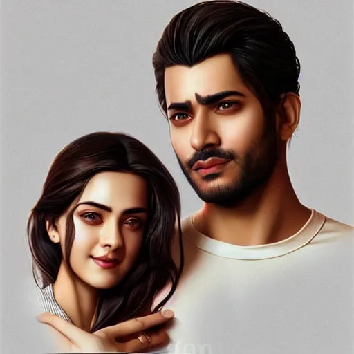 Prompt: perfectly centered symmetrical split male and female portrait of bollywood man and woman in love sharing one heart ; art by artgerm, photorealistic, highly detailed ; trending on artstation ; portrait by wlop
