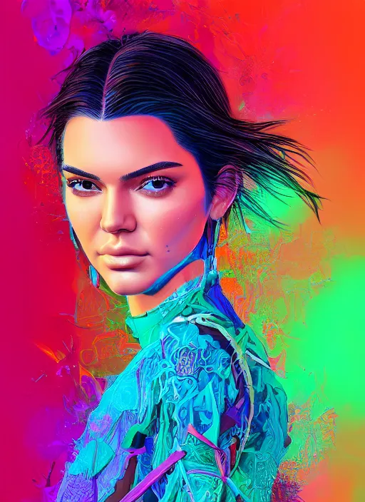 Image similar to portrait of kendall jenner an ultrafine detailed illustration by james jean, intricate linework, bright colors, final fantasy, behance contest winner, vanitas, angular, altermodern, unreal engine 5 highly rendered, global illumination, radiant light, detailed and intricate environment