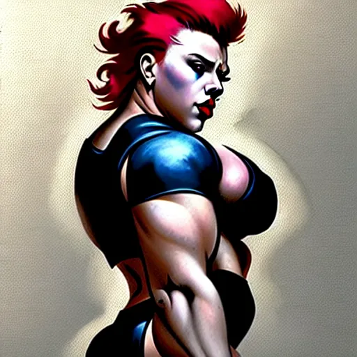 Image similar to greg manchess portrait of scarlett johansson as thick very muscular gothic weightlifter zarya from overwatch with short red hair and black lipstick, fantasy medium shot, asymmetrical, profile picture, organic painting, sunny day, matte painting, bold shapes, hard edges, street art, trending on artstation, by huang guangjian and gil elvgren and sachin teng