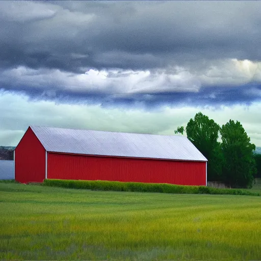 Image similar to lighting strikes at barn in the open fields, complementary colors