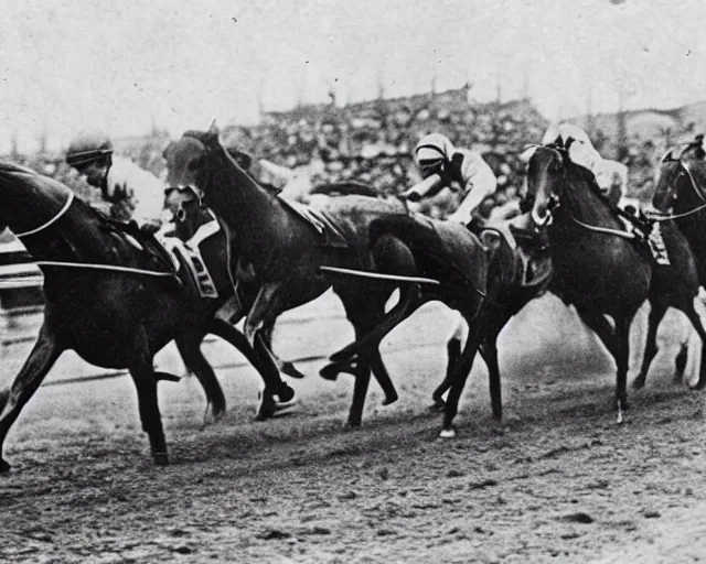Image similar to a photo from the early 1900s of a horse racing an antique electric car
