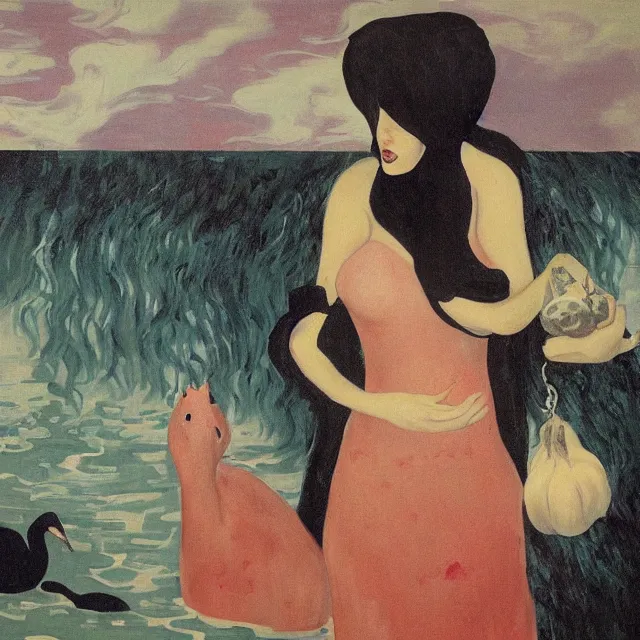 Image similar to tall emo female artist holding a pig's trotter in her flooded kitchen, pomegranates, octopus, water gushing from ceiling, painting of flood waters inside an artist's apartment, a river flooding indoors, ikebana, zen, rapids, waterfall, black swans, canoe, berries, acrylic on canvas, surrealist, by magritte and monet