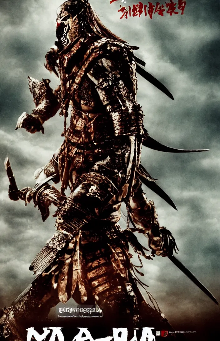 Image similar to movie film poster art for samurai vs predator film shot in feudal japan staring hiroyuki sanada as a disgraced ronin who hunts down the predator after he fails to protect his master from it. in the style of ansel adams, reynold brown, h. r. geiger.