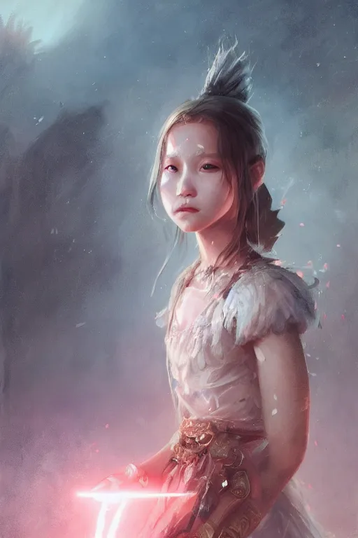 Prompt: a fancy portrait of a worrior child princess by Greg Rutkowski, Sung Choi, Mitchell Mohrhauser, Maciej Kuciara, Johnson Ting, Maxim Verehin, Peter Konig, final fantasy , mythical, 8k photorealistic, cinematic lighting, HD, high details, atmospheric,