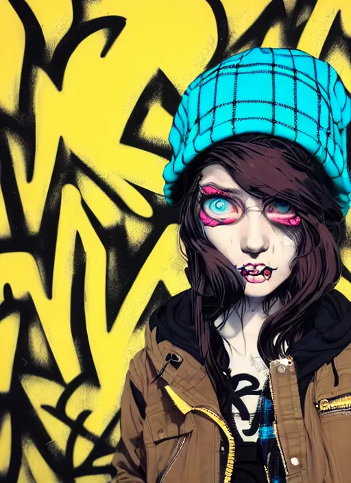Prompt: highly detailed portrait of a sewer punk lady student, blue eyes, tartan hoody, hat, white hair by atey ghailan, by greg tocchini, by kaethe butcher, by alex horley, by brian kesinger, gradient yellow, black, brown and cyan color scheme, grunge aesthetic!!! ( ( graffiti tag wall ) )