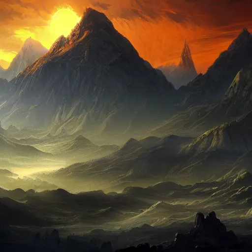 Prompt: The death landscape with mountains in the background, Sci-Fi fantasy wallpaper, painted, 4k, high detail, sharp focus