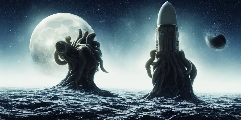 Image similar to giant Cthulhu silhouetted on surface of rocketship, photorealistic, wide-angle, long shot, epic, space, lunar backdrop