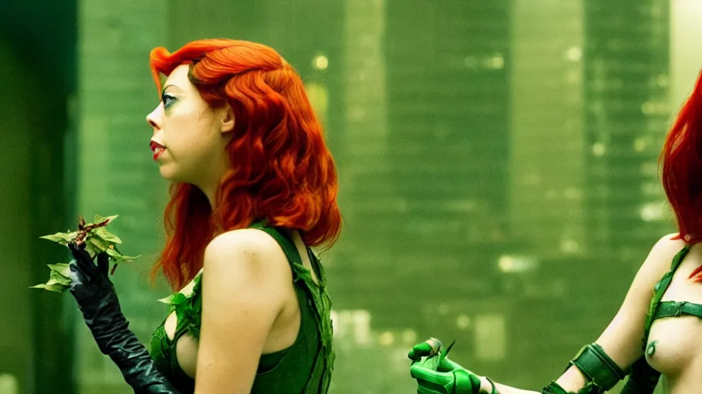 Image similar to Aubrey Plaza as Poison Ivy in The Dark Knight, green skin film still from the movie directed by Denis Villeneuve with art direction by Salvador Dalí, wide lens