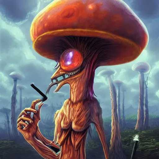 Image similar to 4 k headshot portrait of a psychedelic demonic anthropomorphic wendigo smoking a hand - rolled cigarette smoking heavily, magic mushroom village in background. award winning. superb resolution. in the art style of junji ito and greg rutkowski. detailed mushroom city in background. hyper realistic anime. perfect art. dalle 2