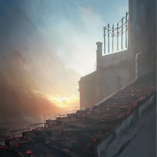 Prompt: My walls are bleeding my nails are broken but morning sunrise is so bright and splendid, sinister by Greg Rutkowski