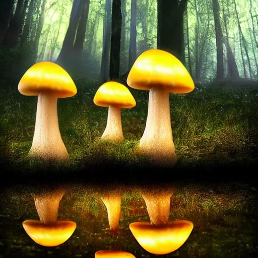 Image similar to glowing mushrooms in magical forrest, dark atmosphere, soft lighting, high detail, 8 k