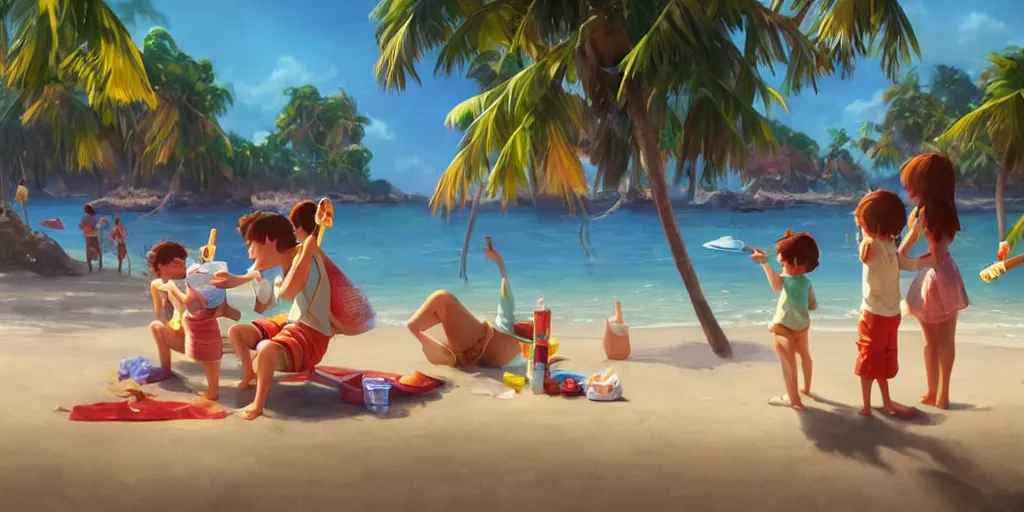 Image similar to a wholesome animation key shot of kids eating ice cream at a tropical beach, medium shot, waist up, studio Pixar and Disney animation, sharp, very detailed, high resolution, Rendered in Unreal Engine 5, anime key art by Greg Rutkowski, Bloom, dramatic lighting