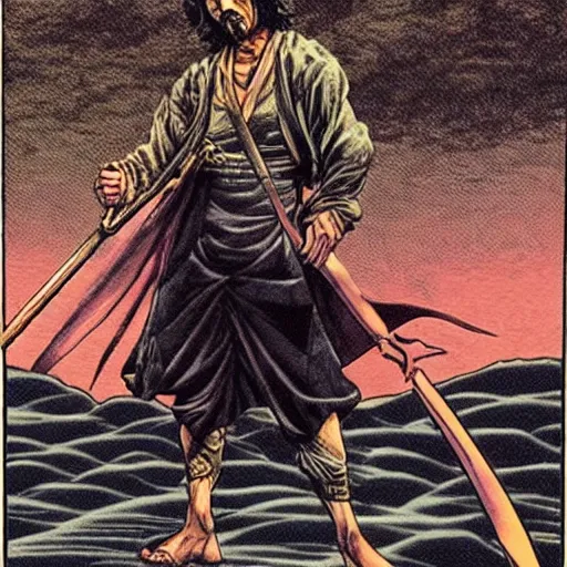 Prompt: Frank Zappa golden Vagabond magic swordsman!!!! glides through a beautiful battlefield. Full body portrait!!! Graphic Novel Panel!!! magic the gathering dramatic esoteric pen and ink illustrated in high detail by Hiroya Oku!!!!!!!, Moebius, and Tatsuki Fujimoto!!!!! shonen jump 2002