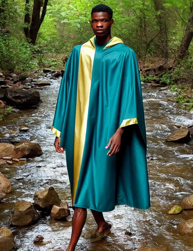 Prompt: longshot modern intricate textile ancient roman toga cloak nature african american walking along small creek river in the woods marc jacobs gucci blue - green robes gold design