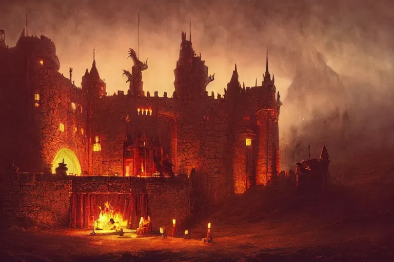 Image similar to a castle at night being lit up by the fire of a dragon, Les Edwards, Zdzislaw Beksinski, Carl Gustav Carus, John Harris, Michal Karcz, Zhang Kechun, Mikko Lagerstedt, Scott Listfield, Steven Outram, Jessica Rossier