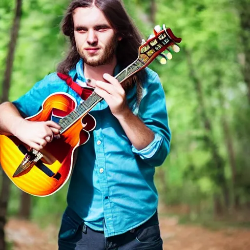 Image similar to a photo of a young man with long hair playing mandolin in the wilderness